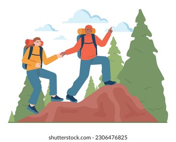 Outdoor camping and hiking. Characters with backpacks spending time in nature. Friends traveling outdoors together. Summer adventure in the woods and mountains. Flat vector illustration