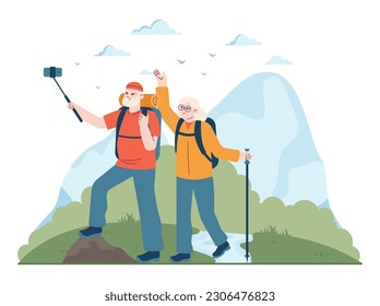 Outdoor camping and hiking. Elder characters traveling with trekking equipment. Tourists hiking. Active senior backpackers, exploring nature. Flat vector illustration