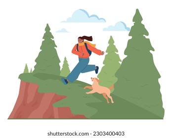 Camping al aire libre y senderismo. El personaje triste pasa tiempo solo en la naturaleza. Mujer viajando al aire libre con su perro. Aventura de verano en bosques y montañas. Ilustración vectorial plana