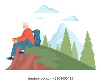 Outdoor camping and hiking. Haapy character spending time in nature alone. Man traveling outdoors. Summer adventure in the woods and mountains. Flat vector illustration