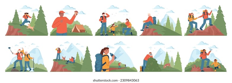 Camping al aire libre y senderismo. El personaje pasa tiempo en la naturaleza. Familias y amigos viajando al aire libre. Aventura de verano en bosques y montañas. Ilustración vectorial plana