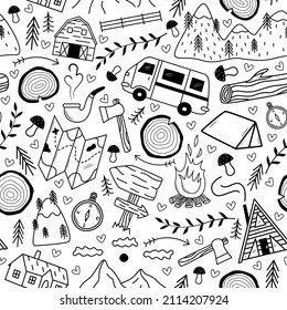 Outdoor camping, hiking and travel seamless doodle pattern. Hand drawn outline background with trailer, tent, wood, compass, axe, map, log. Tourism equipment line vector