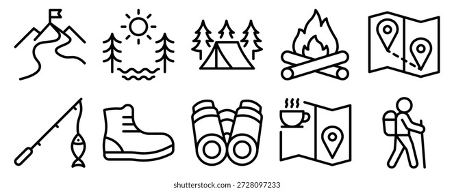Conjunto de iconos de camping al aire libre estilo de línea que ilustra viajes de aventura, naturaleza, supervivencia y concepto de actividades de ocio.