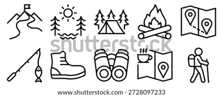Outdoor camping icon set line style illustrating adventure travel nature survival and leisure activities concept.