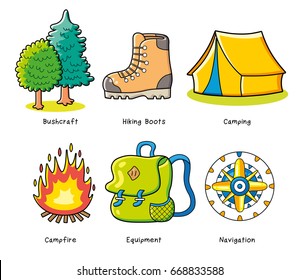 Outdoor camping icons set isolated. Forest trees, hiking boots, tourist tent, campfire, travel backpack, compass symbol.