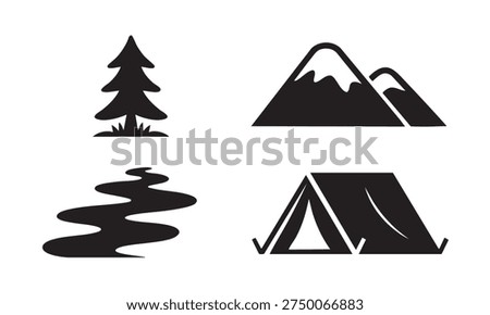 Outdoor camping illustrations with mountain forest and tent silhouette