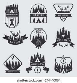 Outdoor camping labels set. Explorer monochrome badges. Adventure vector illustration. Black silhouette of forest, deer and tent