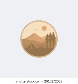 Outdoor camping logo with beautiful mountains background