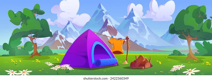Outdoor camping near mountains and trees with tent, wooden logs for campfire. Cartoon summer or spring landscape for campground or trekking recreation, eco tourism and nature explore concept.