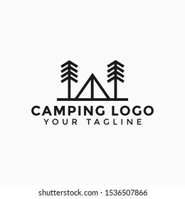 Outdoor Camping with Pine, Spruce Tree Line Logo Design Template