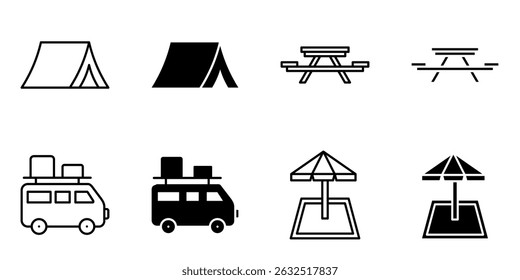 outdoor camping, recreation icon set