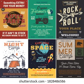 Outdoor camping and rock music flyers set, A4 format. Adventure posters graphic design with mountains, tents, football, organic. Stock vector retro cards collection