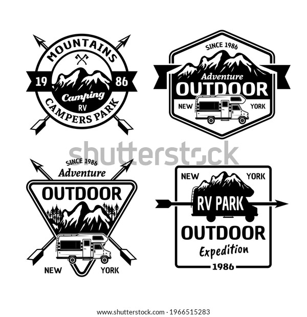 Outdoor\
camping and rv campers park vector monochrome emblems, badges,\
labels or logos isolated on white\
background