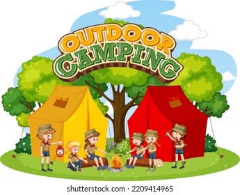 Outdoor camping with scout kids illustration