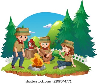 Outdoor camping with scout kids illustration