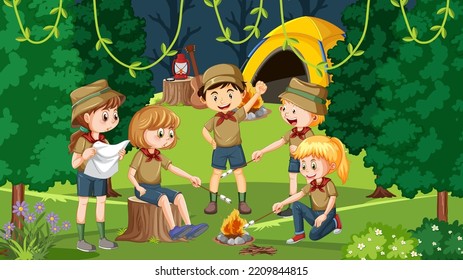 Outdoor camping with scout kids illustration