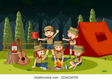 Outdoor camping with scout kids illustration