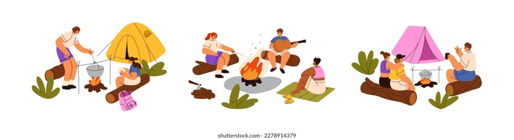 Outdoor camping set. Campers with tents, bonfire, cooking, relaxing, playing guitar, singing songs. Tourists at campfire on summer vacation. Flat vector illustrations isolated on white background