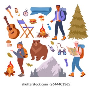 Outdoor camping supplies. Hiking, backpacking people and tourists tools, tent, bonfire and axe flat vector illustration set. Camping equipment and characters on white