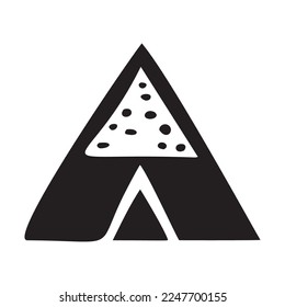 Outdoor camping tent low brow vector illustration. Folk art doodle of woodland campsite. 