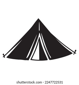 Outdoor camping tent low brow vector illustration. Folk art doodle of woodland campsite. 