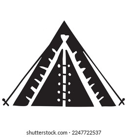 Outdoor camping tent low brow vector illustration. Folk art doodle of woodland campsite. 