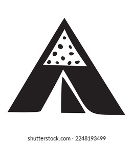 Outdoor camping tent low brow vector illustration. Folk art doodle of woodland campsite. 