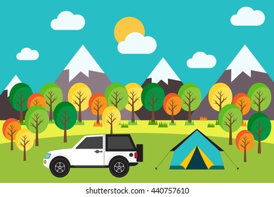 Outdoor camping trip in the forest flat design vector illustration