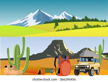 Outdoor camping vector illustration. Two horizontal vector landscape, car, tent, boots on foreground.