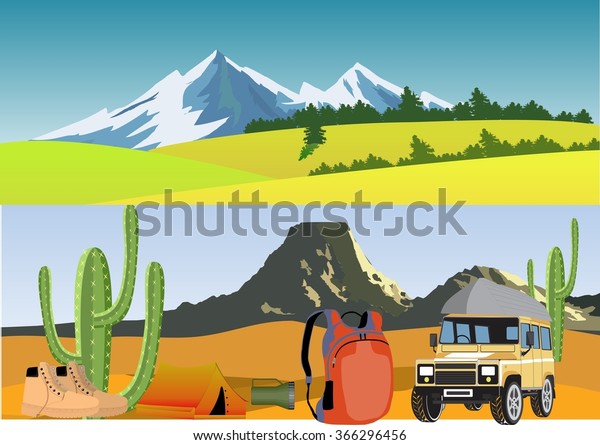 Outdoor camping vector\
illustration. Two horizontal vector landscape, car, tent, boots on\
foreground.
