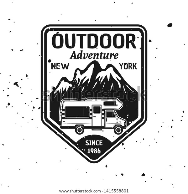 Outdoor camping vector monochrome emblem,\
label, badge, sticker or logo with camper van and mountains\
isolated on textured\
background