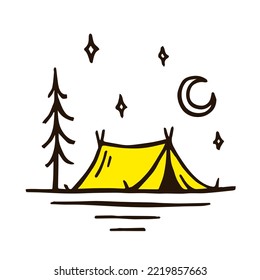 Outdoor campsite doodle. Cartoon tent camp drawing. Summer moonlight camping adventure graphic. Vector illustration.