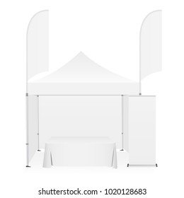 Outdoor canopy tent with two sided banner flags, demonstration table and roll-up stand. Equipment for business or organization stands during the outdoor events. Vector illustration