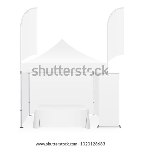 Outdoor canopy tent with two sided banner flags, demonstration table and roll-up stand. Equipment for business or organization stands during the outdoor events. Vector illustration