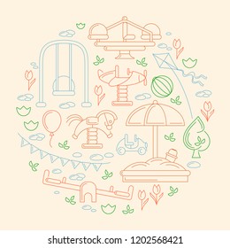 Outdoor card with kids playground equipment. Linear style vector illustration. Suitable for childrens book