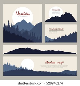 Outdoor cards design with mountains on background. Set of stylish business card templates. Nature identity design.