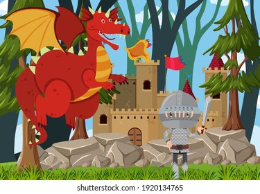 Outdoor castle scene with dragon and knight cartoon character illustration