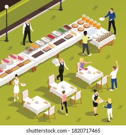 Outdoor catering corporate events private celebrations service with white linen patio garden tables buffet snacks drinks vector illustration 