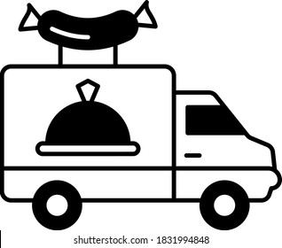 Servicio de restauración al aire libre Van, Concepto de Camión de Comida Segura, Diseño de Icono de Glifo de Comida Rápida en Ruedas, Signo de entrega de aperitivos sin contacto, Símbolo de Servicios de Entrega de Comida sin contacto sobre fondo blanco, 