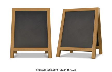 Outdoor chalk menu blackboard stand with wood frame. Realistic chalkboard easel for cafe or restaurant. Street advertising board vector set of empty frame blackboard illustration