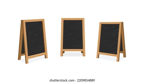 Outdoor chalk menu blackboard stand with wood frame. Realistic chalkboard easel for cafe or restaurant. Street advertising board set of empty frame black board. 3d vector illustration
