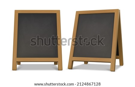 Outdoor chalk menu blackboard stand with wood frame. Realistic chalkboard easel for cafe or restaurant. Street advertising board vector set of empty frame blackboard illustration