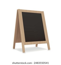 Tiza al aire libre menú blanco pizarra de madera anuncio de la nave mostrar Ilustración vectorial realista. Publicidad tablero negro isométrico pizarra soporte para presentación escribir información mensaje