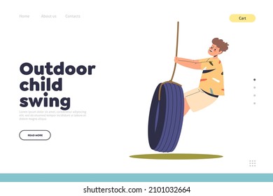 Outdoor child swing concept of landing page with cute boy kid riding tire swing. Happy little child on playground. Children leisure activities, fun and entertainment. Cartoon flat vector illustration