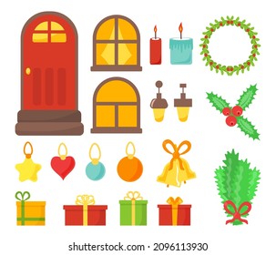 Outdoor christmas exterior objects set isolated on white background for web design. Tree, wreath, gifts, door, bell, windows, curtains, lanterns, candles, branches, toys. Vector illustration