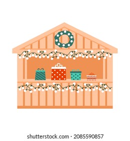 Outdoor Christmas fair, holiday market with gift, exterior shop in small house. Wooden kiosks with commerce retail on xmas and new year. Vector flat illustration