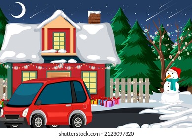 Outdoor Christmas house at night scene illustration