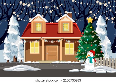 Outdoor Christmas house at night scene illustration