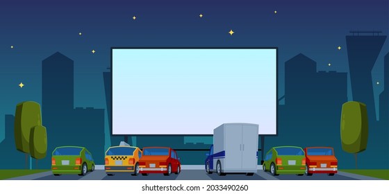 Outdoor cinema. Automobile in dark night filming attraction events in summer park garish vector flat illustrations