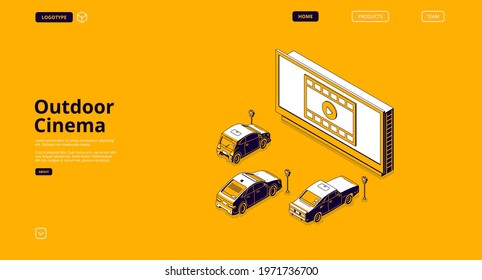 Outdoor cinema banner. Drive-in movie theater with cars on open air parking. Vector landing page of street auto cinema with isometric illustration of big screen and automobiles